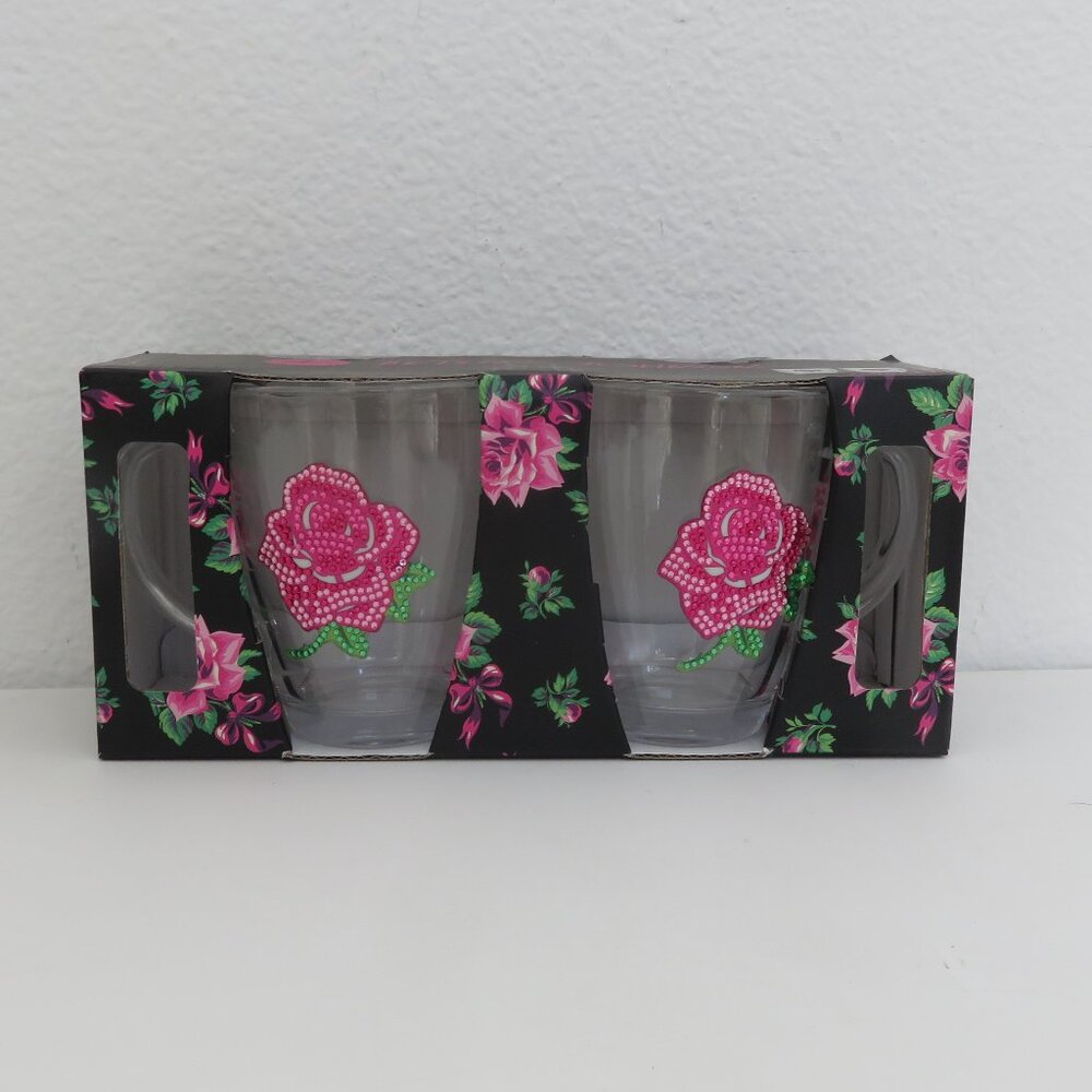 Betsey Johnson Two Sets of Glass Mugs w/Rose Rhinestone Design